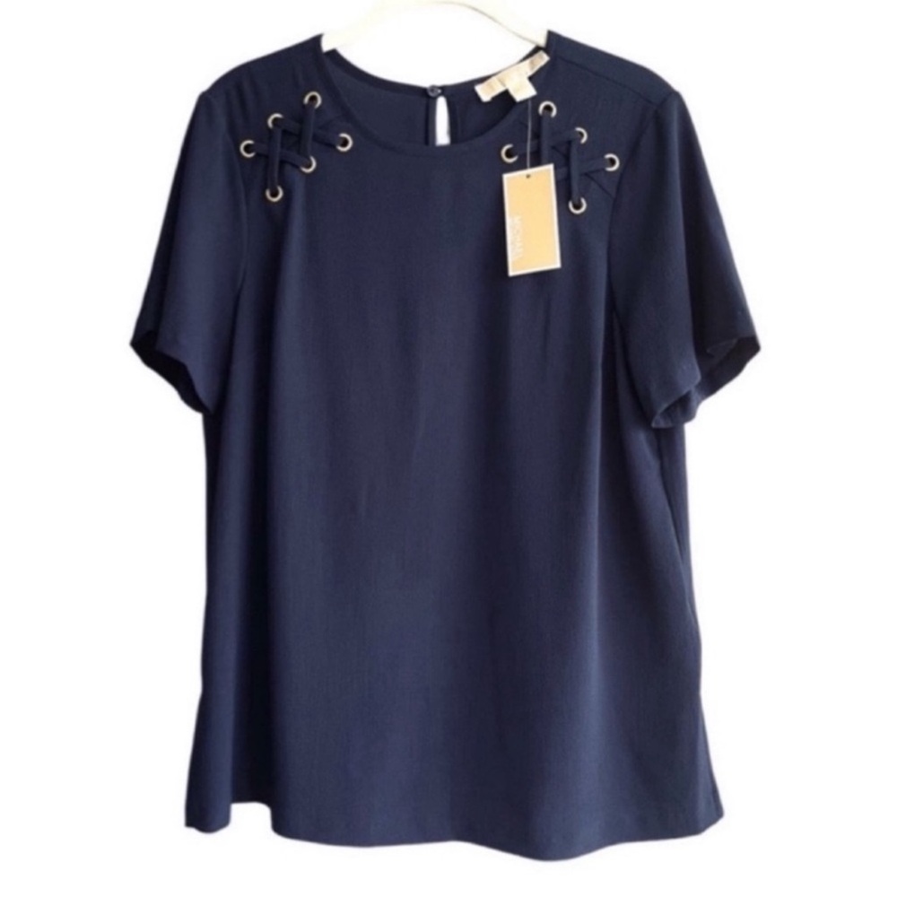 NEW Michael Kors Short Sleeve Blouse Crepe Laced Detail Navy Blue Gold Size M